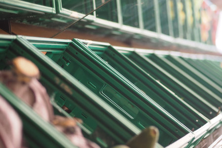 market display shows empty green crates.