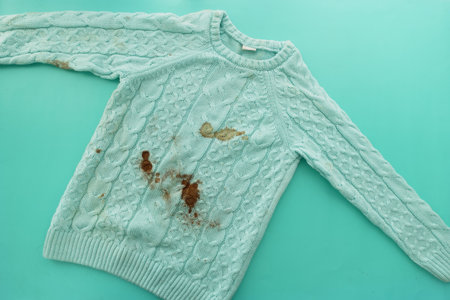 Sweater with stains on turquoise backgroundの写真素材