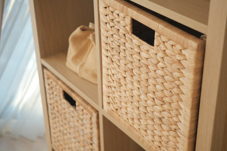 Shelves hold woven baskets in light room during dayの写真素材