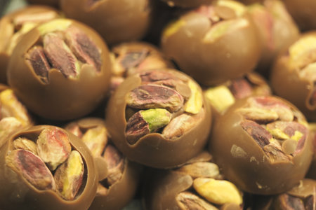 Pistachio and nut-filled chocolate balls up closeの写真素材