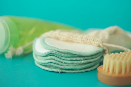 Items for daily skin care on a blue backgroundの写真素材