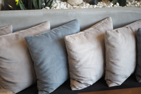 Decorative cushions arranged on a sofa in a lounge areaの写真素材
