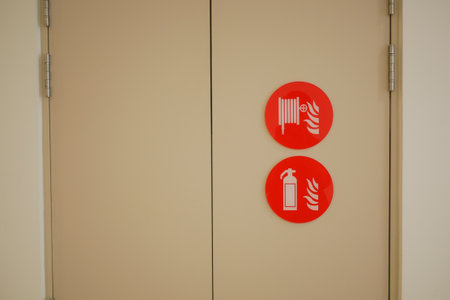 Safety signs on a wall in a building hallwayの写真素材