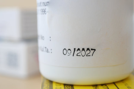 Expiration date on a medicine container observed in close-up viewの写真素材