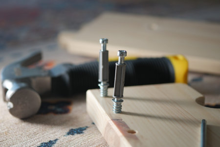 Tools are used for a woodworking project at home