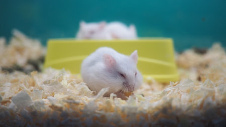 Hamsters resting in a small cage with bedding materialの写真素材