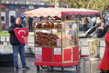 turkey istanbul 23 june 2025. Vendor sells simits at a busy street in Turkey