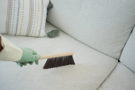 Cleaning couch with broom in living room during daytimeの写真素材
