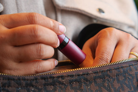 Person putting a lipstick in a bag in a casual setting