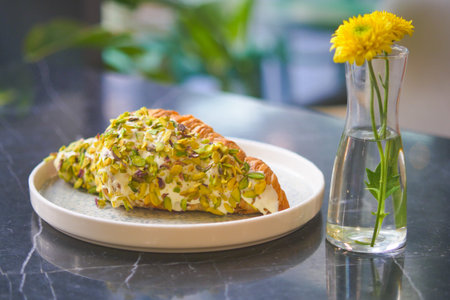 croissant with nuts and flower on a table in the cafe