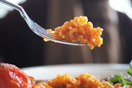 Fork with food held above a plate of rice and tomatoesの写真素材