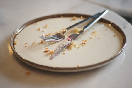 Empty plate with utensils and crumbs left after a mealの写真素材
