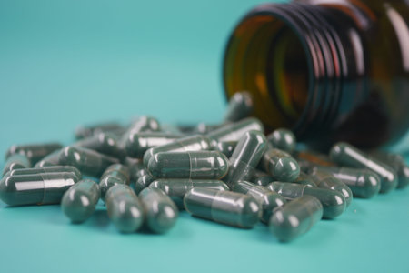 Green capsules spilled from a brown bottle on a blue surface