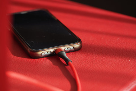 Charging a phone on a red surface in daylightの写真素材