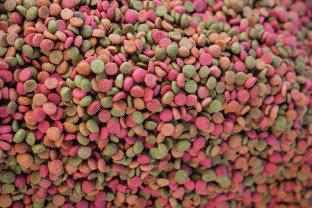 Colorful pet food scattered on a surface