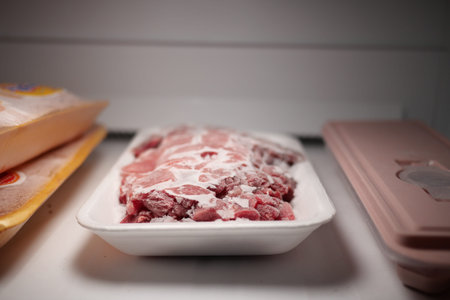 Frozen meat stored in a clear container in a freezerの写真素材