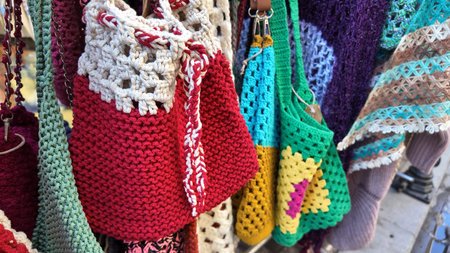 Colorful crochet bags from a local market in the afternoonの写真素材
