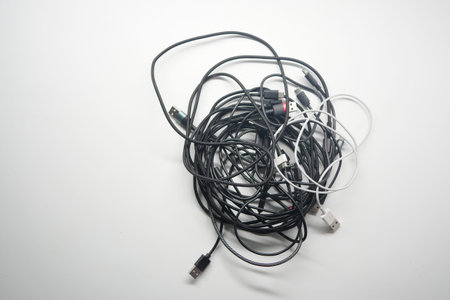 Multiple tangled charging cables on a white backgroundの写真素材