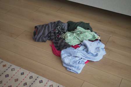 Clothes piled on the floor in a living room area