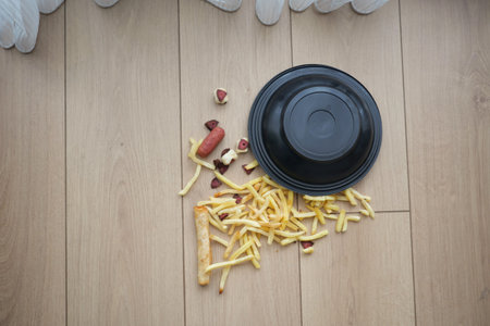 Food container spills on the floor during a meal timeの写真素材