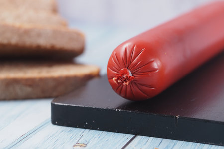 Red sausage on a cutting board with slices of bread