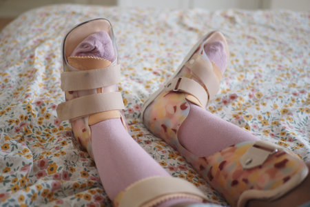 Child in foot braces resting at home on a floral bedspread
