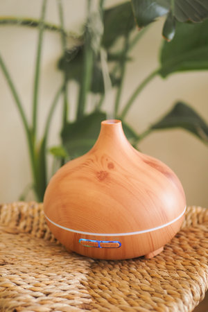 Wooden diffuser sits on woven basket in a bright room