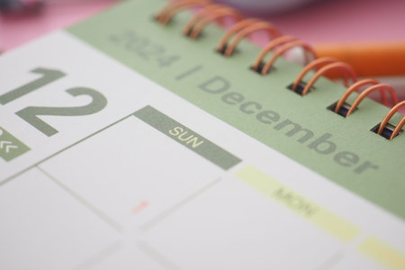 Calendar showing December 2024 with a focus on Sundayの写真素材