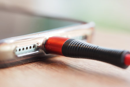 Close view of a smartphone charging with a cable