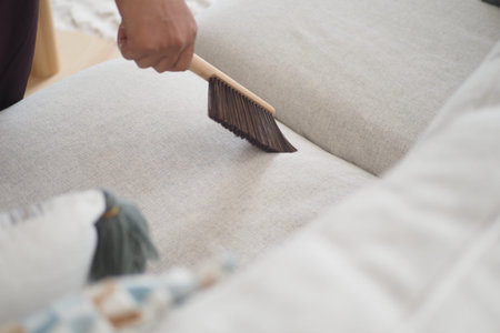Cleaning a couch with a brush in a living room setting