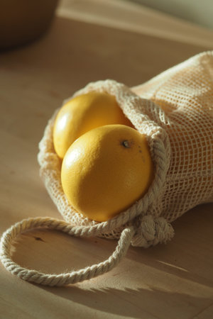 Two lemons in a reusable net bag on a wooden surface