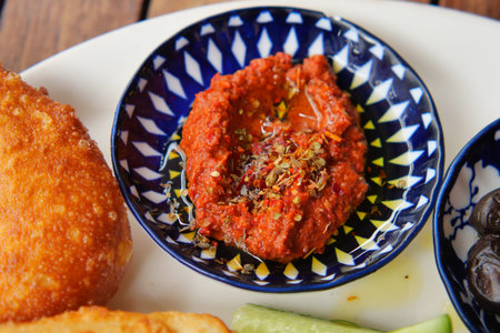 Freshly prepared dip served with bread and vegetables