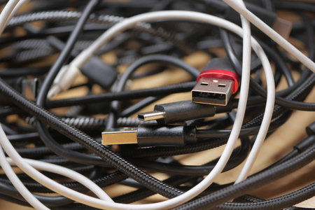 USB cables and chargers tangled on a wooden surface
