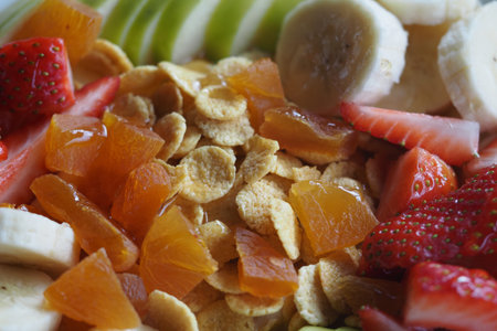 Fruit and cereal mix with different kinds of toppings