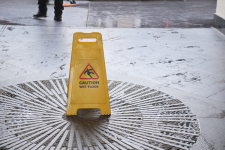 Warning sign placed on wet floor in busy area