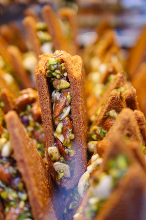 Nuts packed in turkish sweet pastry at a market i
