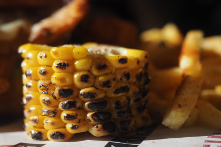 Grilled corn on a plate with fries at a food stand