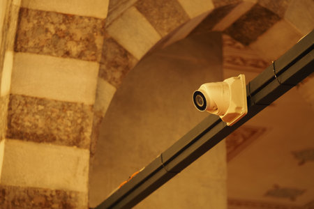 Camera is mounted on a ceiling of a building