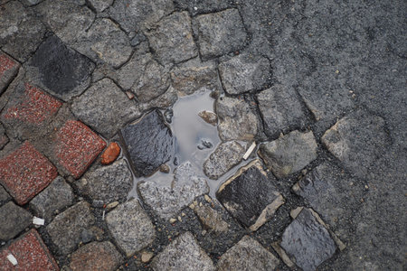 Rainwater collects in a stone street at a city location