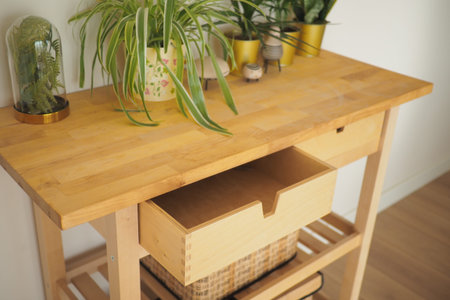 Wooden table with open drawer and plants on displayの写真素材