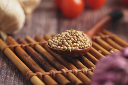 Coriander seeds on a wooden spoon in a kitchen setupの写真素材