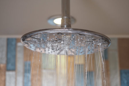 Water flows from round showerhead in modern bathroom