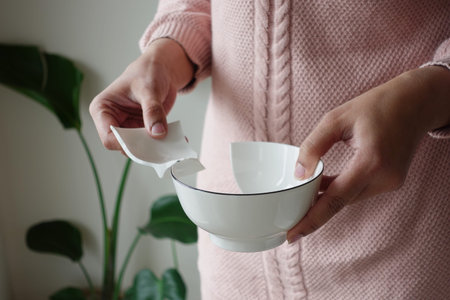 Person holds broken piece of bowl in a cozy indoor settingの写真素材
