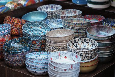 Handcrafted bowls on display at a market stallの写真素材