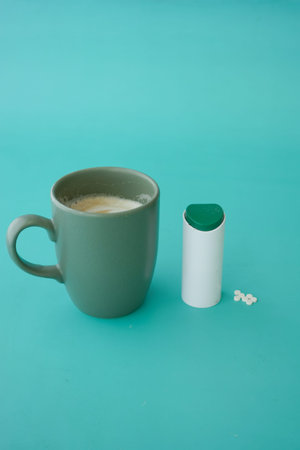 Coffee cup and small container of sweetener sugar substitute on a table