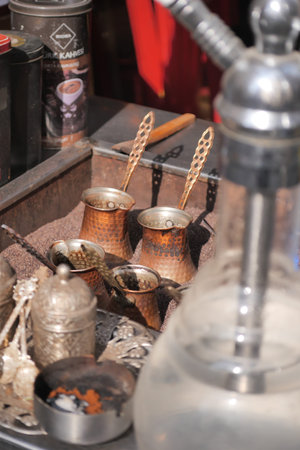 Turkish Coffee preparation in traditional style at local market