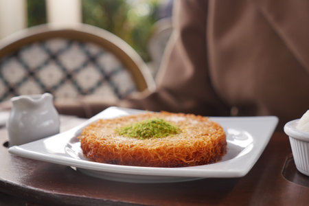 A person sits at a table with a Kunefe dessert and drinks in the afternoon