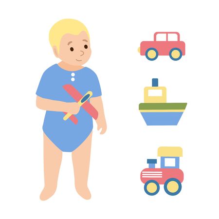 Cute little infant boy playing with various toys - car, plane and train. Set  of cartoon vector illustrations. Standing baby with toys on isolated white backgroundのイラスト素材