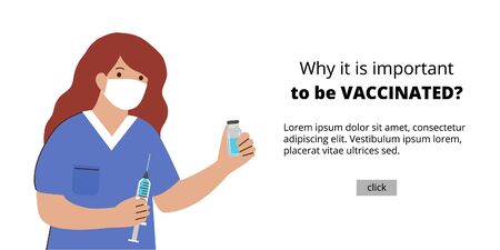 Vaccination and immunization concept. Vector banner in flat cartoon style with young woman doctor standing and holding vaccine and pen syringe on isolated white backgroundのイラスト素材