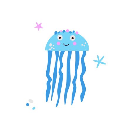Cute blue jellyfish on isolated white background. Kawaii baby medusa swimming in the ocean vector illustration in flat style with little decor stars and bubblesのイラスト素材